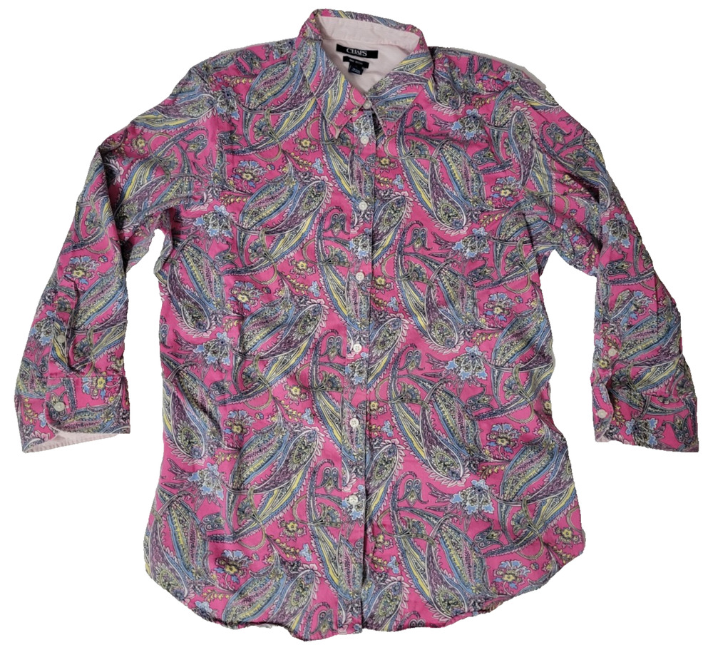 Chaps Womens L Pink Teal Paisley No Iron Long Sleeve Button Down Shirt